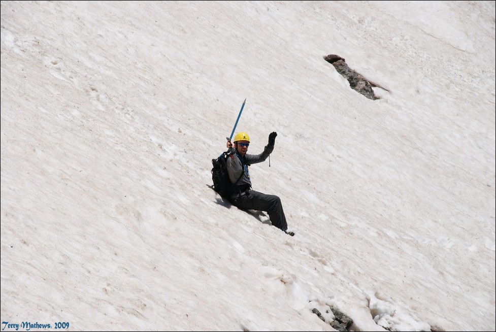 Matt Payne down-climbing the red gully with an ice axe
